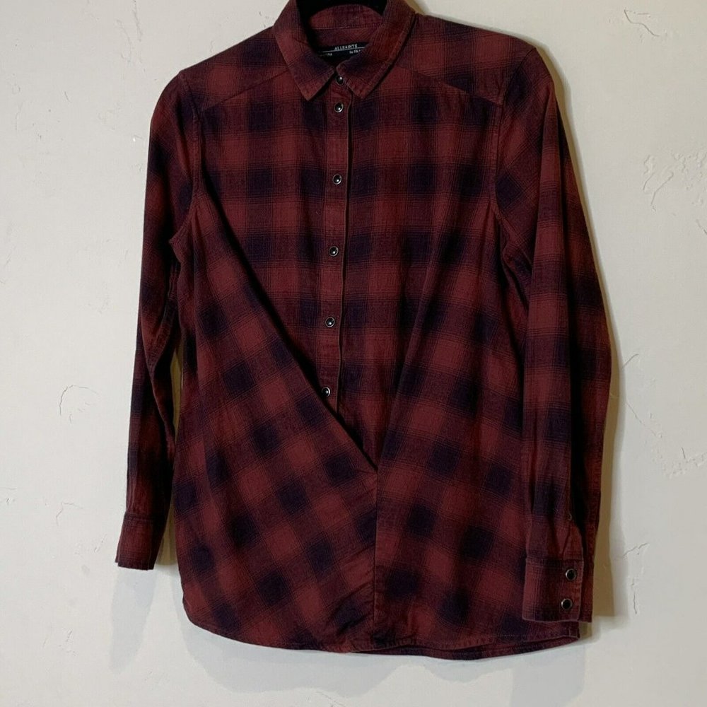 AllSaints Women's Size 4 Red Black Snap Cross Body Layer Flannel Long Sleeve Top